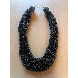 Black Seed Bead Collar Necklace Statement Bib Artisan Avant Garde Gothic Costume
